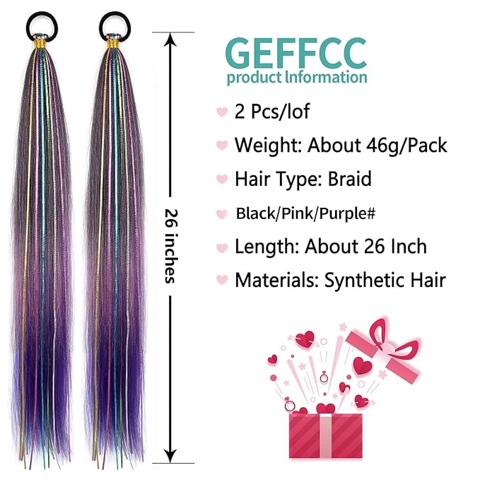 2 Pack Braid Ponytail Extensions, 26 Inch Braided Ponytail Wig with Elastic Tie for Girls (Black/Pink/Purple#, 26 Inch (Pack of 2))