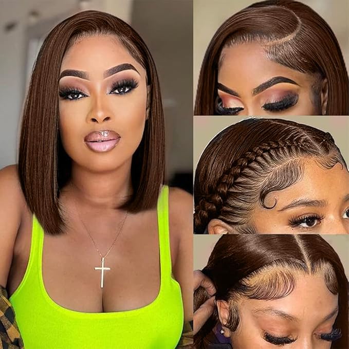 LICHANG Bob Chocolate Brown 13x4 Straight HD Transparent Lace Front Wig 200% Density 12 Inch