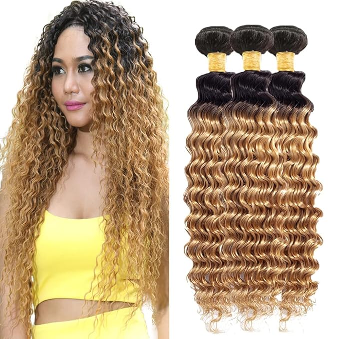 Freiuoke 26 28 30 Inch Honey Blonde Bundles Human Hair Ombre Deep Wave Bundle 27 Deep Wave 3 Bundles Brazilian Virgin Hair Extensions