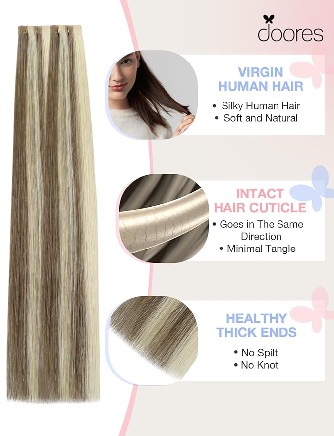 DOORES Invisi Edge Tape in Hair Extensions, Light Brown Highlighted Medium Blonde 10 Injection Tapeins with 10 Injection Tape-ins 50g 16 Inch, Injected Tape in Virgin Human Hair