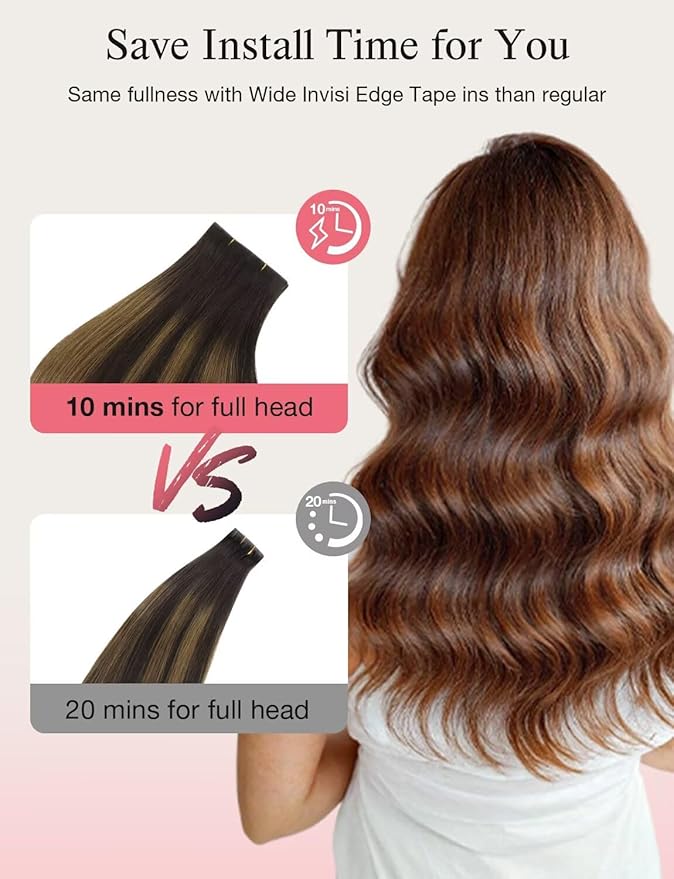 DOORES Invisi Edge Tape in Wide Hair Extensions Human Hair, Dark Brown to Chestnut Brown 4PCS Injection Tape ins 20g 20 Inch, Virgin Human 3 Inch Wide Injected Extensions Invisible