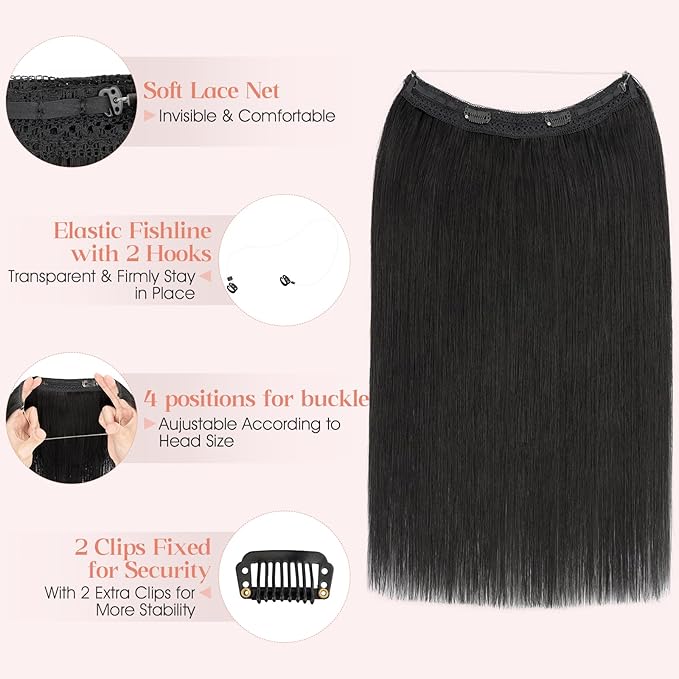 Hairro Wire Hair Extensions Human Hair, Fish Line Invisible Adjustable & Clips in Extensions Straight, 100% Real Hairpieces Seamless Blending for Women, 14 Inch 70g Jet Black