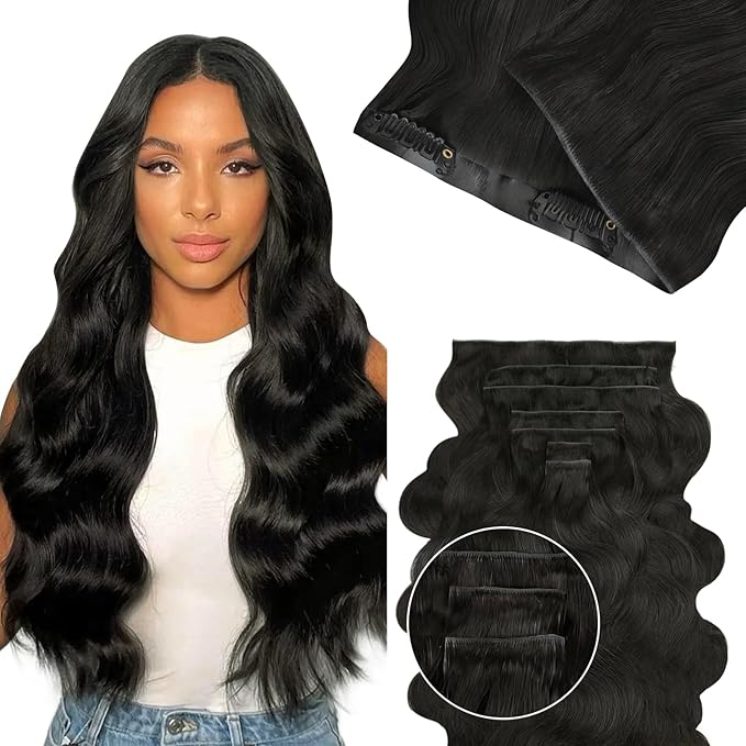 Lashey Invisi Edge Clip in Hair Extensions, 7pcs 110g 20 Inch Natural Black Seamless Clip in Hair Extensions Human Hair Body Wave Real Remy Human Hair