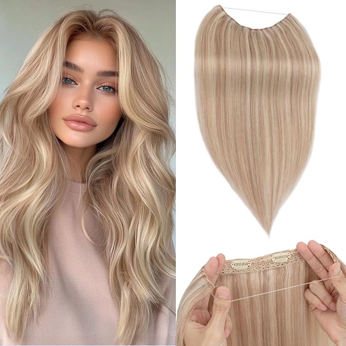 Halo Hair Extensions Real Human Hair,Halo Hair Extension 100% Human Hair, Wire Hair Extensions,Straight Champagne Blonde Balayage 16inch/65g