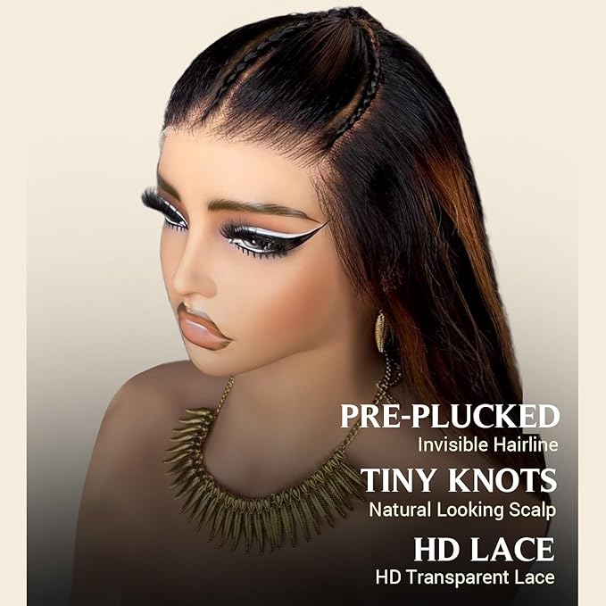 AMIRTY 32 Inch Ombre Braided Lace Front Wig Human Hair Glueless Braided Wigs Human Hair Pre Plucked for Women Highlight Straight Wigs Human Hair 9x6 HD Lace Front Wigs Bleached Knots