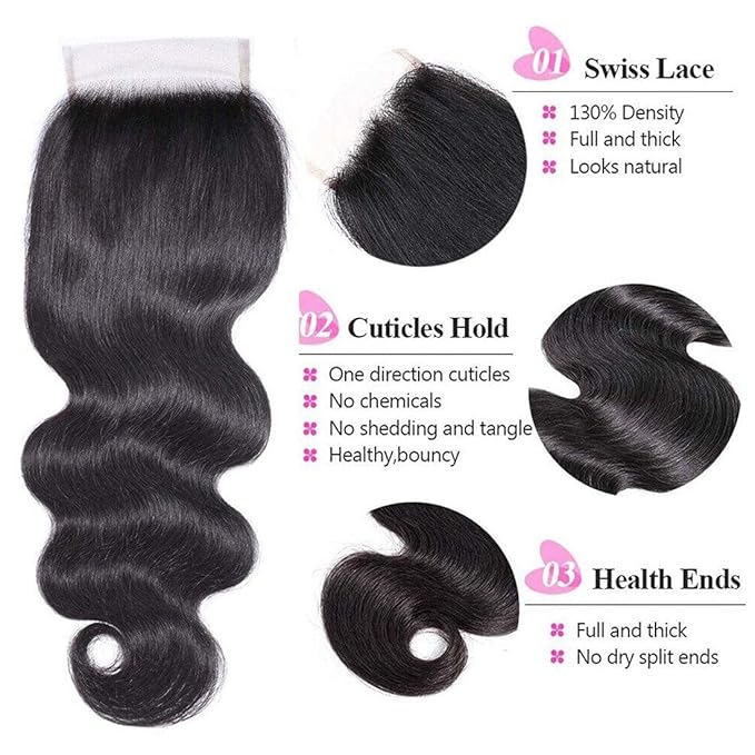 UNice Hair Brazilian Body Wave 3 Bundles with Free Part Lace Closure Unprocessed Virgin Human Hair Weaves Extensions Natural Color (18 20 22+16Closure)