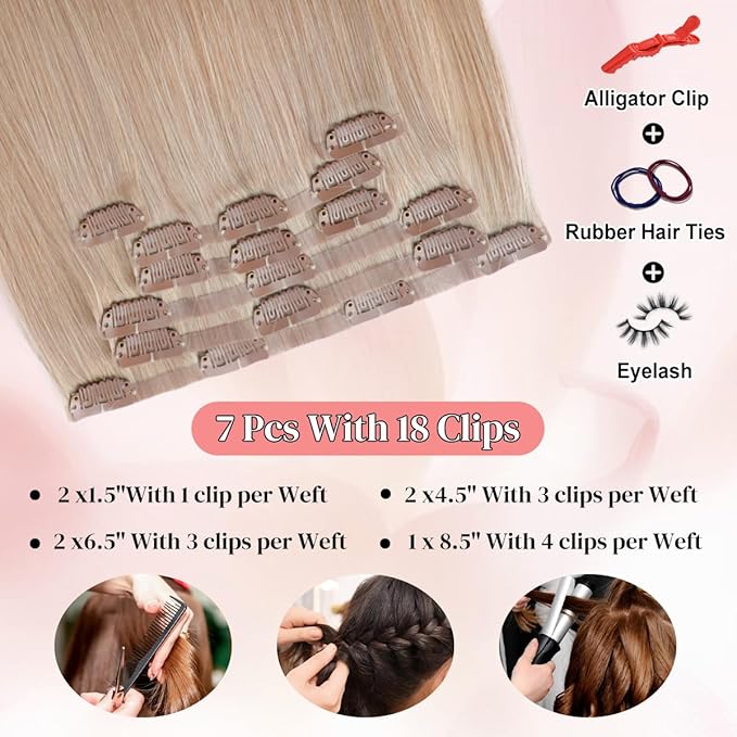 Seamless Clip in Hair Extensions Real Human Hair For Women 125g 20 Inch Beige Blonde and Beige White Balayage Invisible PU Skin Weft Remy Human Hair Extensions clip ins 7Pcs 18 Clips