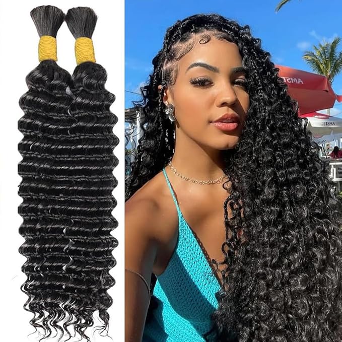 20 Inch Human Braiding Hair 100g Deep Wave Bulk Human Hair for Braiding Brazilian Virgin Human Hair Bundles Wet and Wavy Bundles No Weft Curly Human Hair Extensions for Boho Braids Natural Black