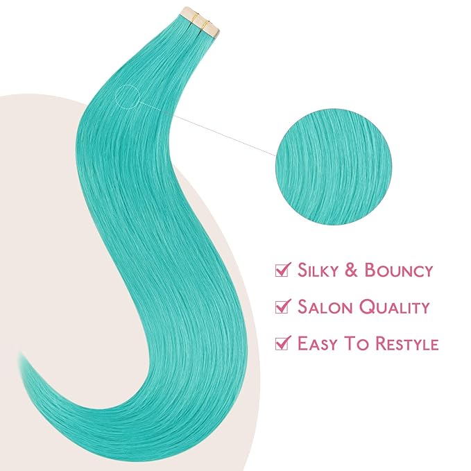 WENNALIFE Tape in Hair Extensions Human Hair Teal Green Tape in Extensions, 10pcs 25g 14 inch Remy Invisible Tape Ins Straight Colored Soft Real Human Hair Tape in Extensions Refill Set Extensions
