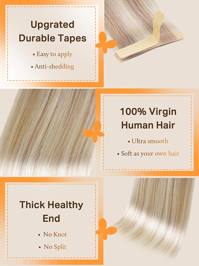 DOORES Tape in Hair Extensions Real Human Hair, Soft Honey Blonde Highlight Platinum Blonde 18 Inch 50g 20pcs, Natural Human Straight Extensions Tape in Straight