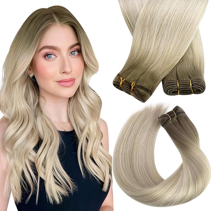 Sunny Hair 24inch Human Hair Extensions Sew in Ombre Weft Hair Extensions Human Hair Ash Blonde Balayage Platinum Blonde Human Hair Weft Extensions Sew in Bundles for Women Long Straight 100g