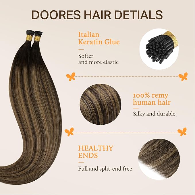 DOORES I Tip Hair Extensions, 14-24 Inch, 100g, 200s, Dark Brown to Chestnut Brown, Remy Human Hair, Cold Fusion, Straight