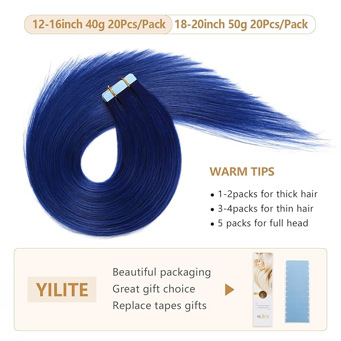 YILITE 20pcs/Pack Blue Tape in Human Hair Extensions - 20inch Seamless Skin Weft Tape-ins (Blue)