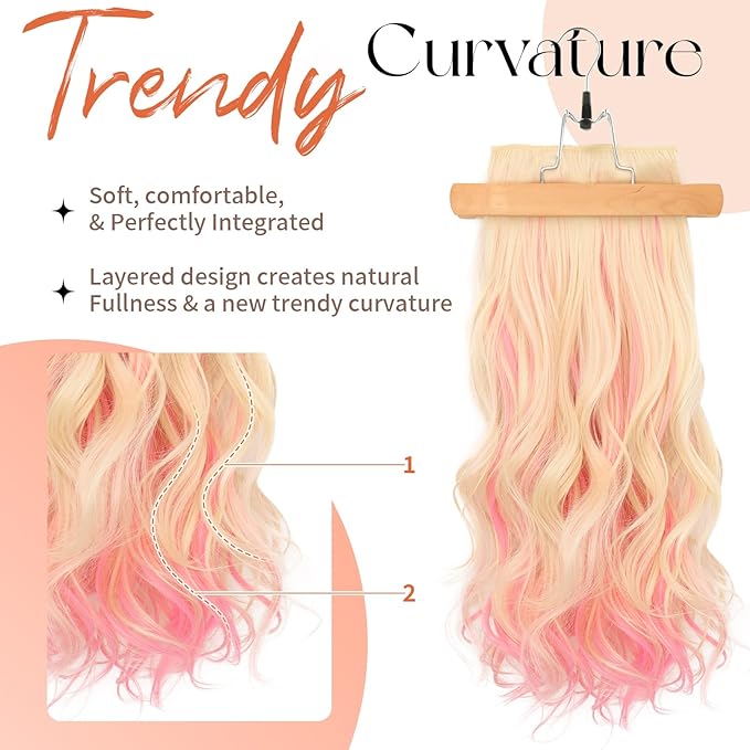 Kookastyle Clip in Hair Extensions, Natural Long Layered Soft Invisible Synthetic Curly Hairpieces for Women,4 pcs(20 Inch, Blonde with Pink)