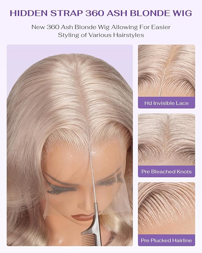 Hidden Strap Milk Tea Ash Blonde Wig Human Hair Body Wave 360 Lace Front Wig Human Hair Ombre Glueless Wigs Pre Bleached Bleached Knots 180% Density Drawstring HD Full Lace Wigs 22Inch