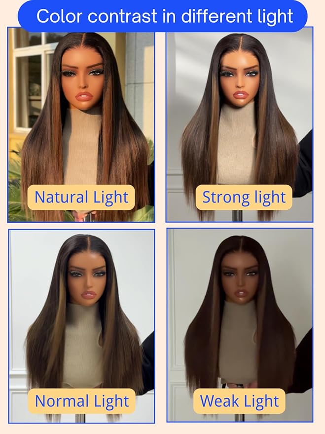 Nadula Chestnut Brown Ombre Yaki Straight Bye Bye Knots Glueless Drawstring Wig Human Hair, Pre Cut 7x5 Invisible Knots HD Lace Front Wigs Pre Plucked,Pre Everything Light Kinky Straight Wig 22inch