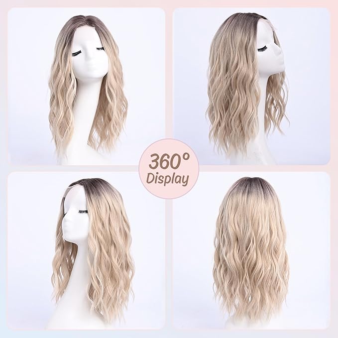 Middle Length Ombre Blonde Wavy Wigs for Women 18 Inch Middle Part Blond Wavy Wig Medium Natural Looking Synthetic Heat Resistant Fiber Wig for Daily Party Use (18 inch)