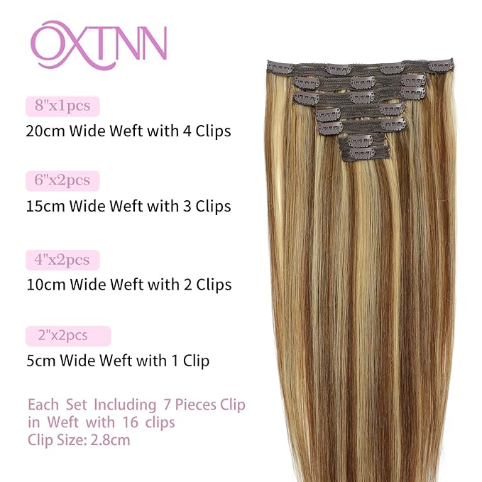 Clip in Hair Extensions Real Human Hair Chestnut Brown to Golden Blonde 22 inch 7pcs 100g/Pack, Human Hair Clip in Extensions, Salon-Grade Quality, Easy Comfort Wear for Women (#P6/22, 22 inch)