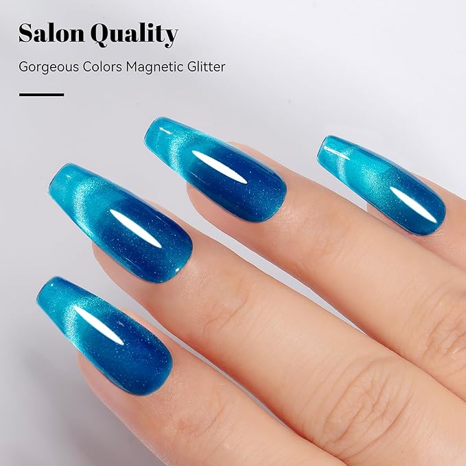 YTD Likomey High Shine Glass Cat Eye Gel Nail Polish,15ml Bright Blue Magnetic Shimmer Glitter Translucent Jelly Salon Home Fall Winter UV Color Varnish with Magnet Stick,HEMA Free TPO Free,MY505