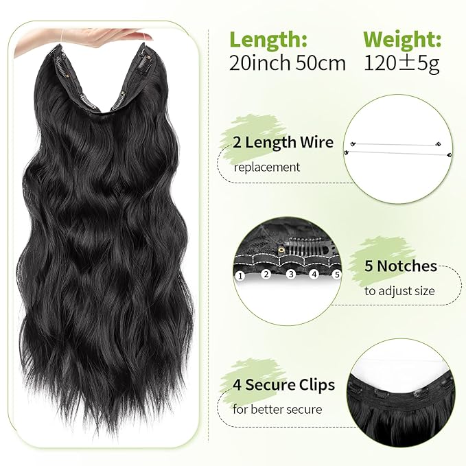 KooKaStyle Invisible Wire Hair Extensions with Transparent Headband Adjustable Size 4 Secure Clips Black Long Wavy Hairpiece 20 Inch for Women