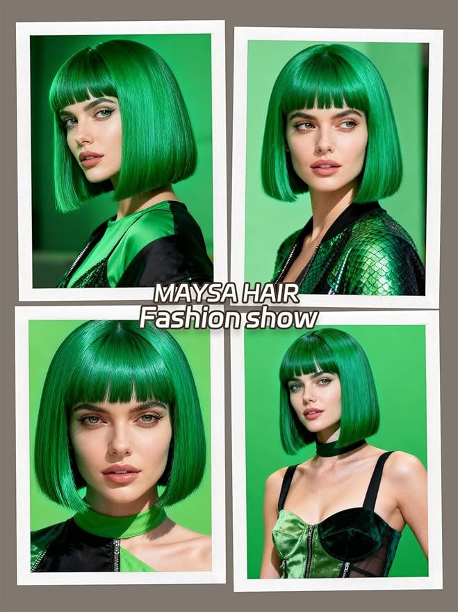 MAYSA Green Wigs with Bangs Short Straight Bob Bangs Wig 12in Synthetic Cosplay Halloween Costume Wig for Women # Green