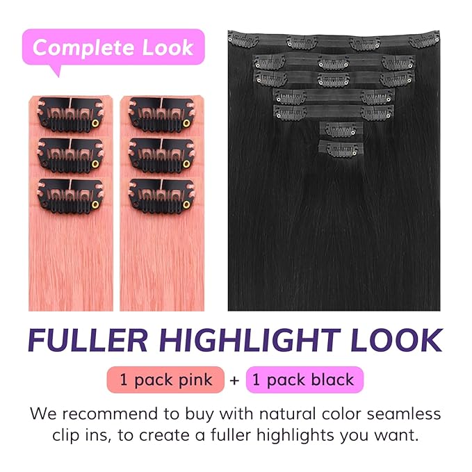 IDN BEAUTY Seamless Clip In Hair Extensions Human Hair, 18 Inch 30g 6Pcs Pink Straight Real Virgin Human Hair Seamless Clip Ins For Black Women PU Weft Invisible Edge