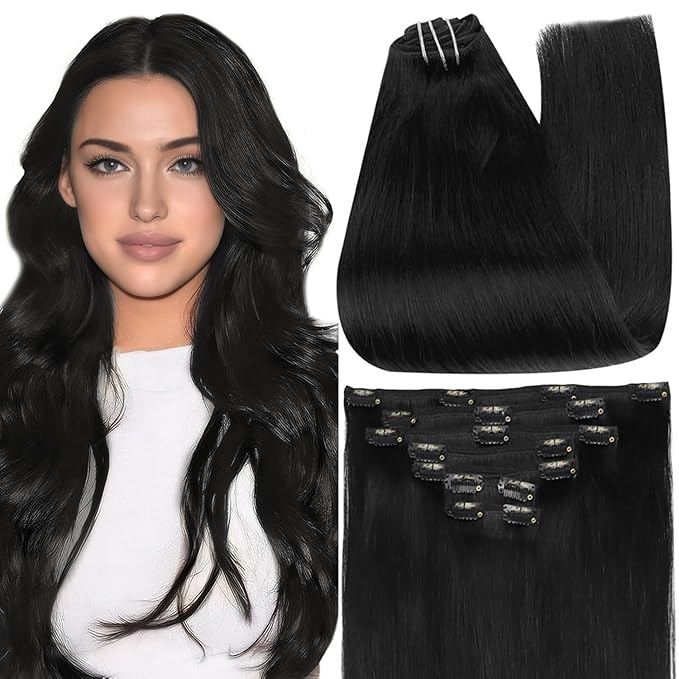 Full Shine Clip in Hair Extensions Black Women Jet Black Human Hair Extensions for Thinning Hair 7 Pcs 12 Inch 95 G