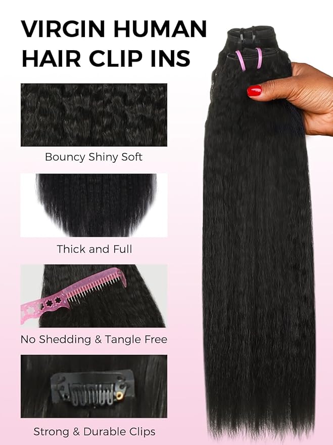 Lashey Invisi Edge & Seamless Clip in Hair Extensions Human Hair, 14 Inch 110g 7pcs(5pcs Invisi Edge& 2pcs Seamless) Real Virgin Human Hair Extensions, Natural Black Kinky Straight Hair