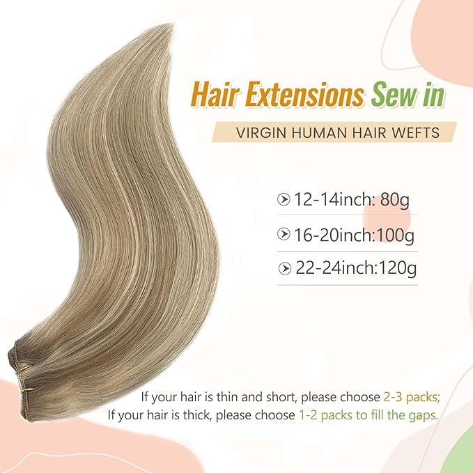 Blonde Weft Hair Extensions Human Hair, 20 Inch 100G Platinum Blonde Hair Extensions Real Human Hair Wefts Hand Tied Silky Straight Highlights Sew in Hair Bundles