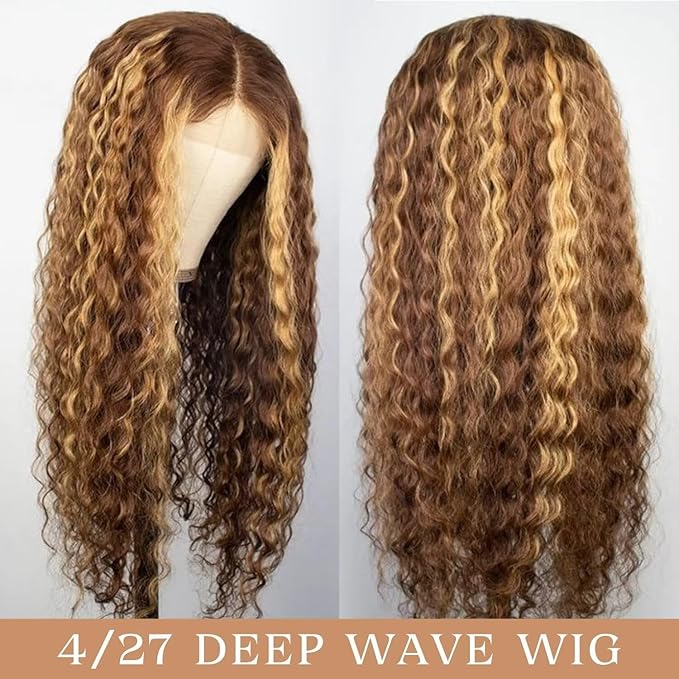 Highlight Ombre Lace Front Wigs Human Hair Honey Blonde Deep Wave 13x6 HD Transparent Lace Frontal Wigs Human Hair P4/27 Colored Curly Wig for Women 180% Density Glueless Pre Plucked 32 Inch Wig