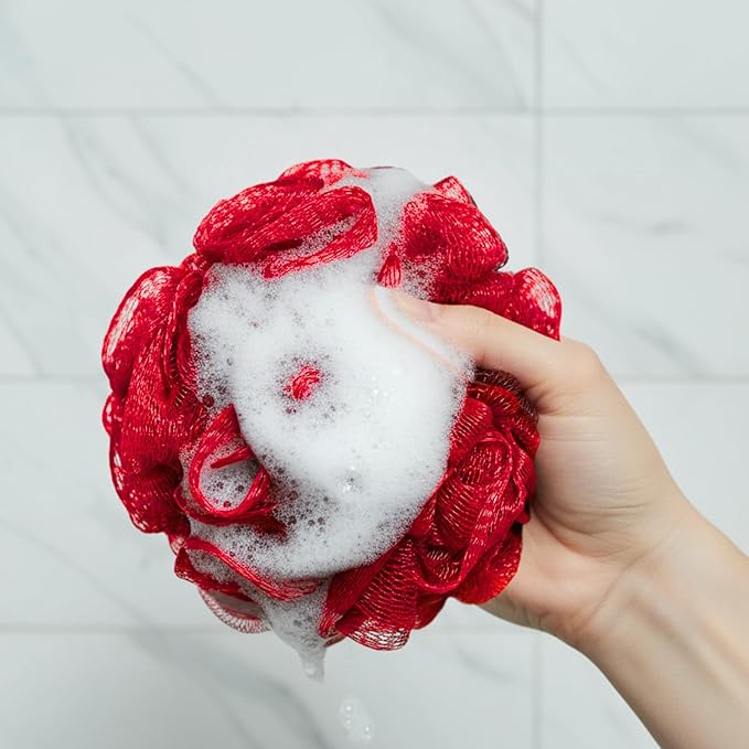 Large Bath Sponge Pack of 3 – Soft 70G Mesh Loofahs with Suction Cup (Dark Red): Gentle Exfoliation for All Skin Types, Rich Lather Poufs for Daily Shower Use