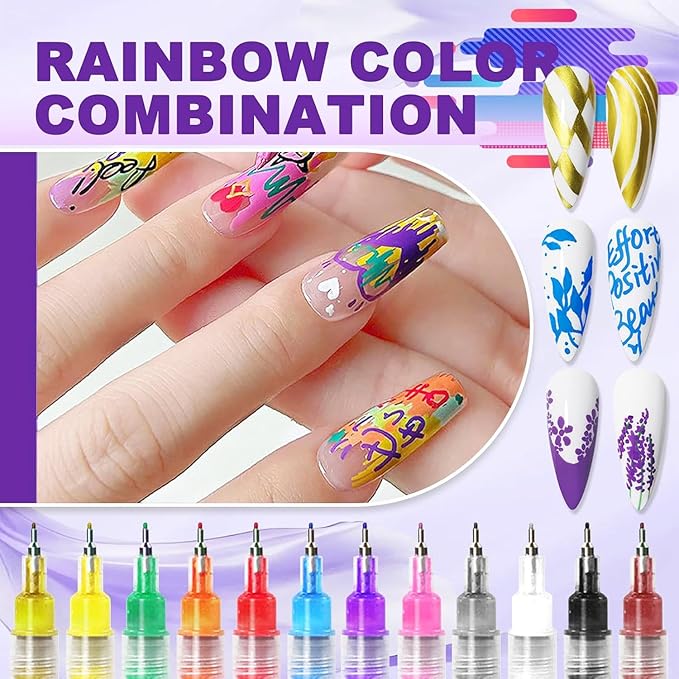 12 Color Nail Art Pens 0.5 MM Nail Polish Pens Set Drawing Painting Point Liner Acrylic Painted Pen Kit Waterproof and Quick-drying Nail for DIY Nails Art Design Manicure Tools (Pattern Templates)