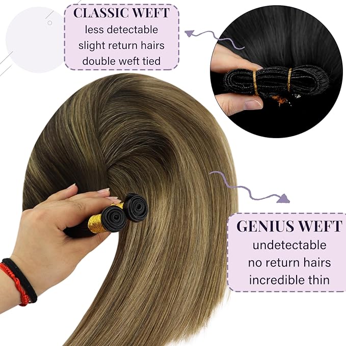 Fshine Balayage Genius Weft Hair Extensions Human Hair 18 Inch Medium Brown Fading to Caramel Blonde Sew in Hair Extensions Straight Real Human Hair Genius Weft Hair Bundles Full Head 50 Grams