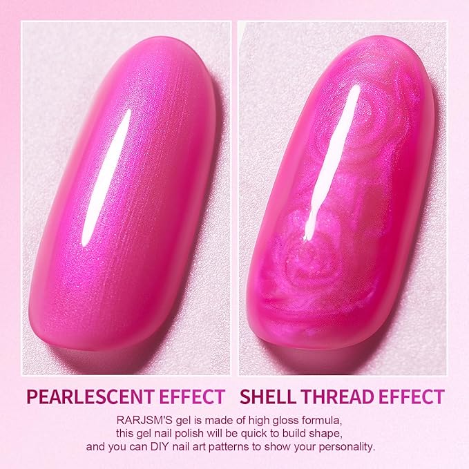 RARJSM Pearlescent Gel Nail Polish Fuscia Pink Purple Shell Glitter Shimmer Iridescent Mermaid Nail Gel Polish Soak Off LED UV Curing Requires Swirl Thread Effect DIY Manicure Use 7.5ML Summer Nail