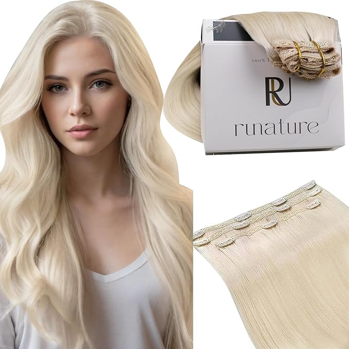 RUNATURE Clip in Hair Extensions Real Human Hair, Remy Human Hair Clip in Extensions for Women, Natural Human Hair, 20 Inch 50g 3pcs, #800 Platinum Blonde