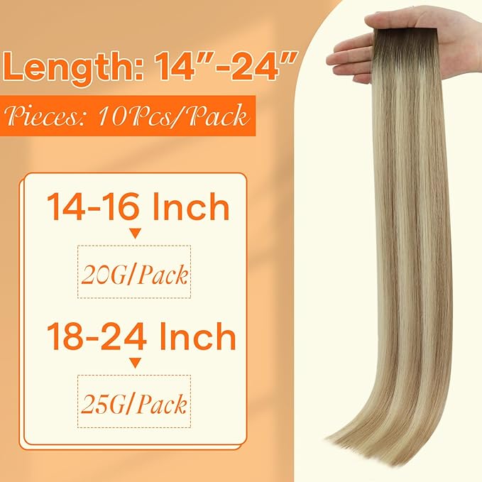 Full Shine Machine Virgin Injected Tape in Hair Extensions Color Balayage 2/18/22 Brown and Blonde Seamless Tape in Injection Hair Extensions Human Hair 20Gram 14Inch Skin Weft Real Hair 10Pcs