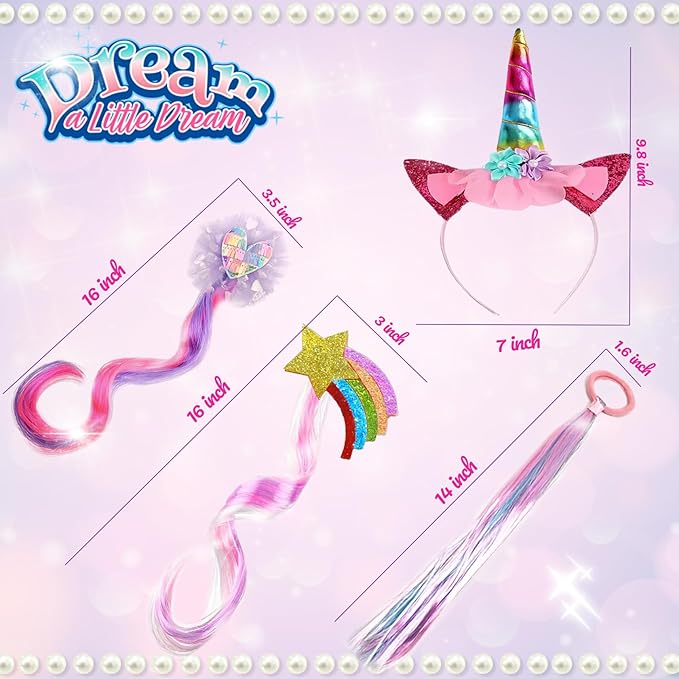 Jomi & Jolly 6 PCS Hair Accessories Set for Girls, Little Girl Colored Hair Tinsel Clips in Extensions, Princess Dress up Wigs, Cute Gifts and Costume Accessories for Little Princess (Unicorn)