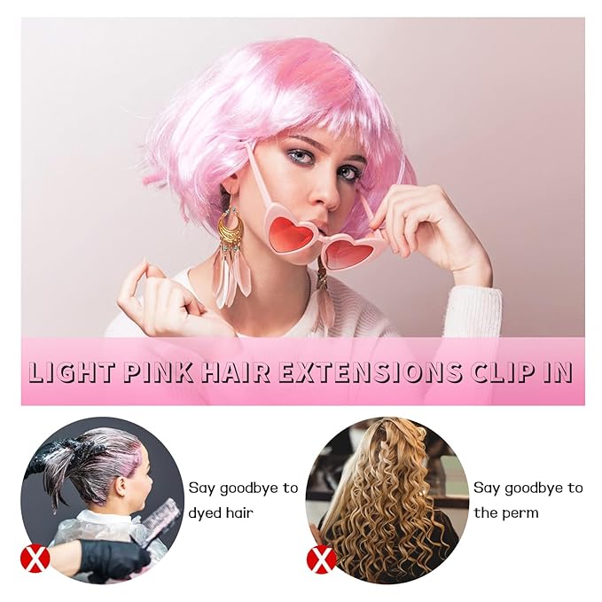 12 PCS Pink Hair Extensions Clip in, 22" Colored Highlights, Synthetic Straight Hair Piece DIY Accessories for Daily Party