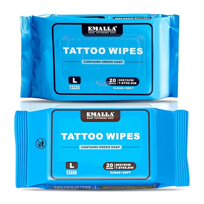 Emalla Green Soap Tattoo Wipes, 40 Count L All in One Premium Cleaning Wipes to Clean Skin During Tattooing and Aftercare 7.87"x5.9" Natural Formula Tattoo Supplies (2 Pack)