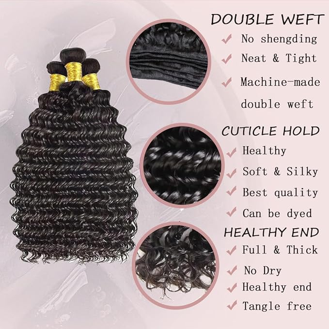 12A Human Hair Bundles Deep Wave 100% Unprocessed Brazilian Virgin Hair 4 Bundles Deep Curly Human Hair Extensions Quick Weave Human Hair (4 Bundlles Natural black, 18 20 22 24 Inch)