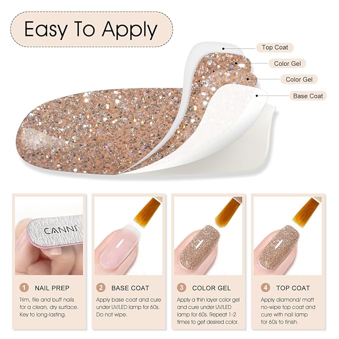 CANNI Glitter Gel Nail Polish – 1pcs 9ml Light Taupe Color, Diamond Glitter Series, Soak Off UV LED Gel Nail Polish for DIY Nail Art, Salon or Home Manicure