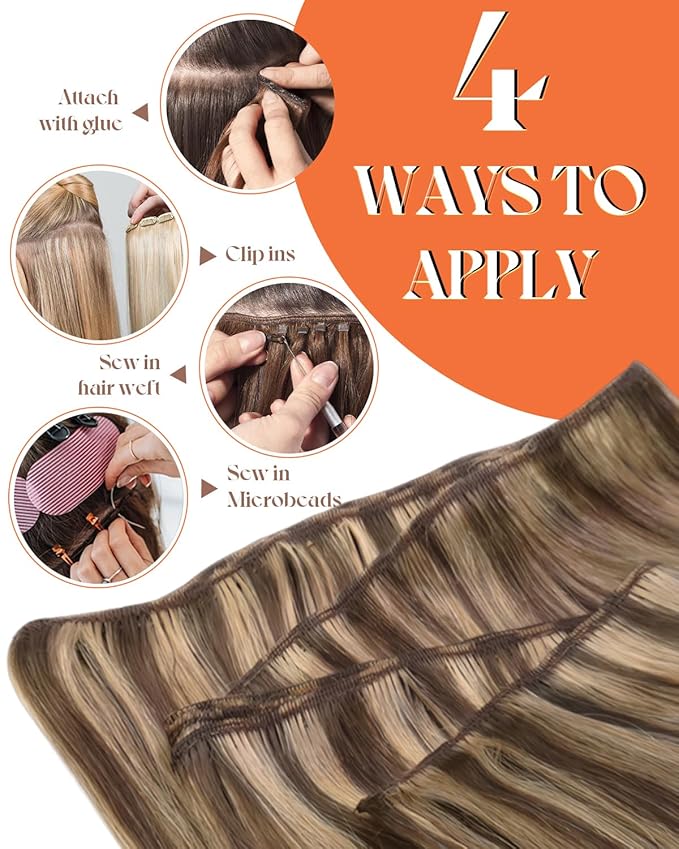 Sunny Hair Sew in Hair Extensions Real Human Hair 22inch Weft Hair Extensions Brown Highlights Dark Brown with Caramel Blonde Hair Wefts Human Hair Sew in 100g
