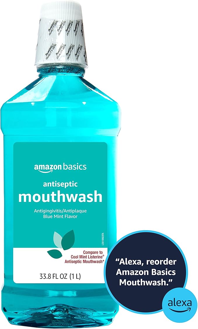 Amazon Basics Antiseptic Mouthwash, Blue Mint, 1 Liter, 33.8 Fluid Ounces, 1-Pack (Previously Solimo)