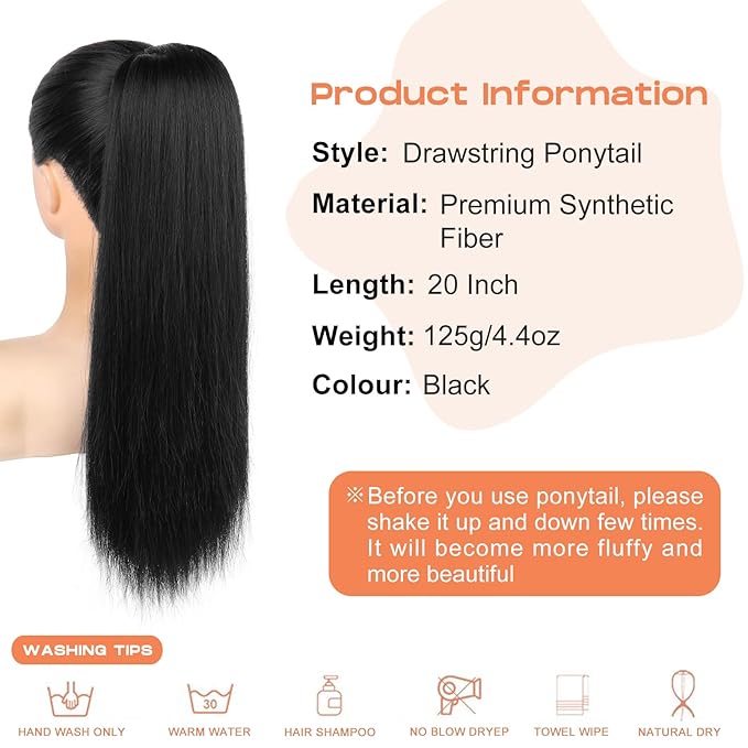 SEIKEA Ponytail Extensions Drawstring Long Straight Fake Pony Tail Natural Soft Clip in Hair Extension Synthetic Heat Resistant Hairpiece 20 Inch Black