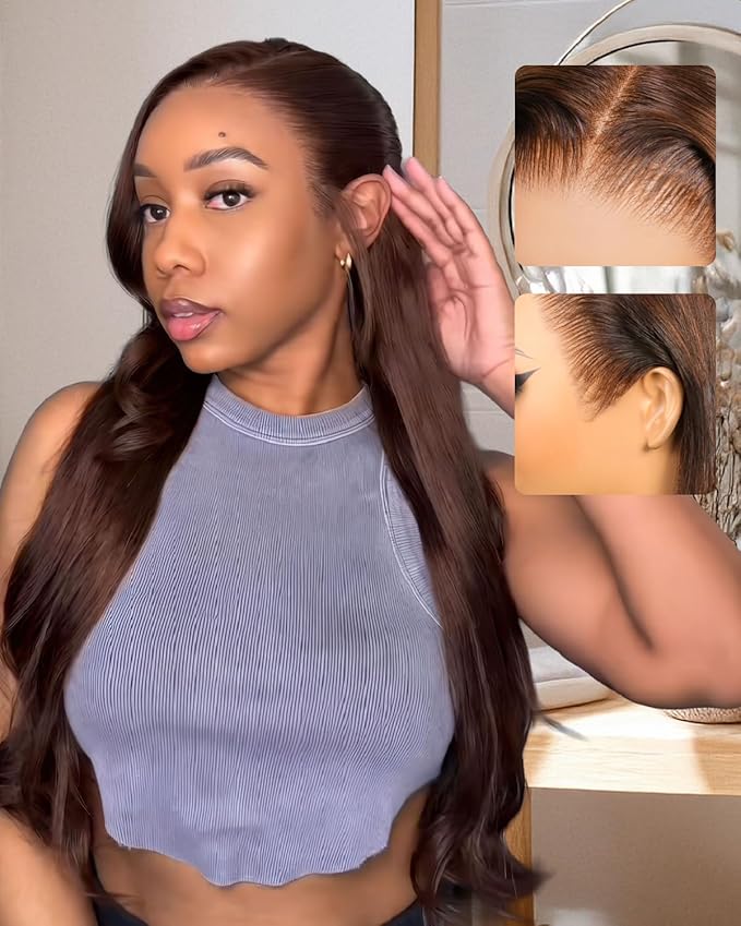 Glueless Chocolate Brown Human Hair Wig Straight Pre Cut 13x6 Lace Front Wigs Human Hair Glueless Wear and Go Pre Plucked Pre Bleached Drawstring Wig 20 Inch 220% Density 4#