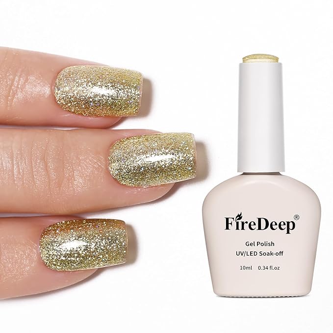 Gold Gel Polish Glitter Yellow Gold Hema Free 0.34 OZ Same Color Same Top Cover Reflective Sparkle UV Polish Manicure Art DIY