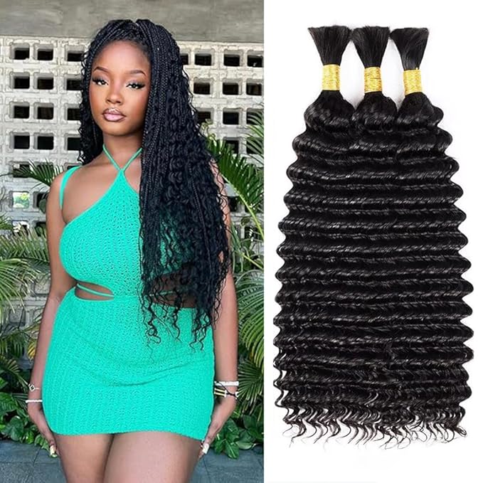26 Inch Human Braiding Hair for Boho Braids Deep Wave Bulk 3 Bundles Natural Black Deep Wave Bulk Human Hair for Braiding 150g
