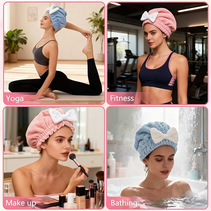 Microfiber Hair Drying Caps, Christmas Absorbent Hair Towel Wrap for Women Wet Hair Quick-Drying Hair Towels, Soft Bow Tie Wet Hair Towel Wrap for Party Favors Goody Bag Filler (Pink+Blue)