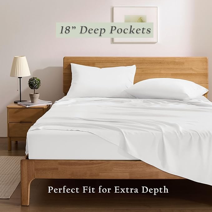 TOSMO Luxury Cooling Sheet Set - 100% Viscose from Bamboo, 4-Piece Bedding Set (Cal King Size) - 18” Extra Deep Pockets, Oeko-Tex Certified, Silky Soft and Breathable, Classic White
