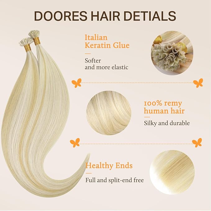 DOORES K Tip Hair Extensions Real Human Hair, Dark Blonde Highlighted Bleach Blonde 14 Inch 50g/50s, Invisible U Tip Natural Straight